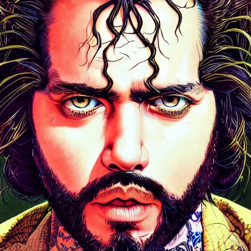 Image similar to portrait closeup of crazy post malone, symmetrical, by yoichi hatakenaka, masamune shirow, josan gonzales and dan mumford, ayami kojima, takato yamamoto, barclay shaw, karol bak, yukito kishiro