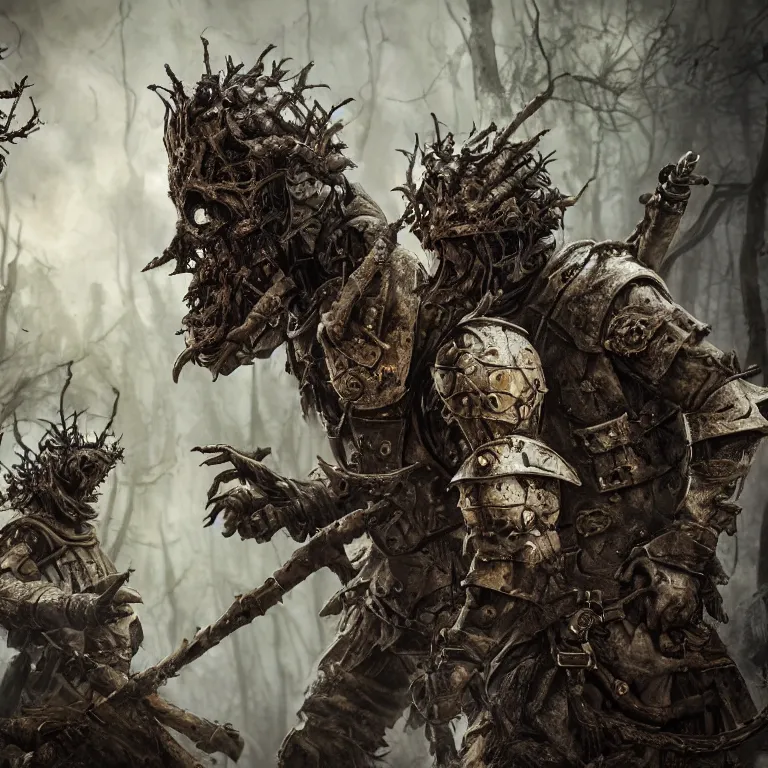 Image similar to undead armoured soldiers in burned forest full of smoke and ashes, fantasy style, highly detailed, smooth, sharp focus, portrait, concept art, intricate details, fantasy poster, dark athmosphere, 8 k. lifelike. nikon d 8 5 0