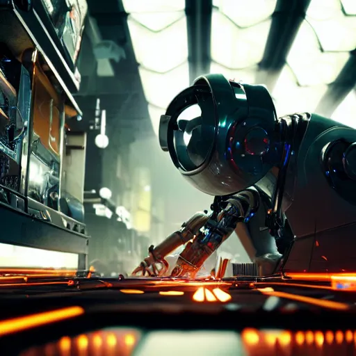 Image similar to a close up shot of a robot repairing in factory,cyberpunk,2077