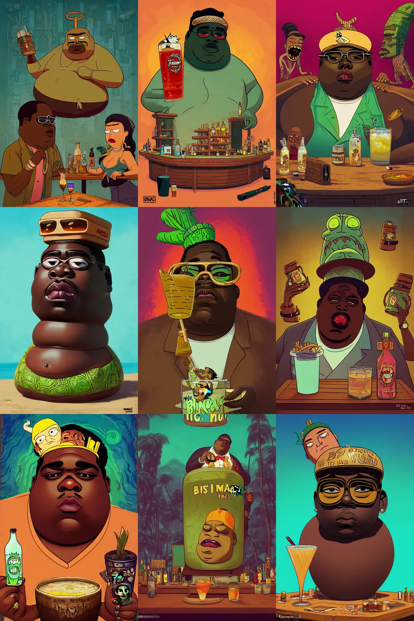 Prompt: the notorious b. i. g. as a trader vic's tiki mug stray at a tiki bar, rick and morty pickle rick, shaded lighting poster by magali villeneuve, artgerm, jeremy lipkin and michael garmash, rob rey and kentaro miura style, trending on art station