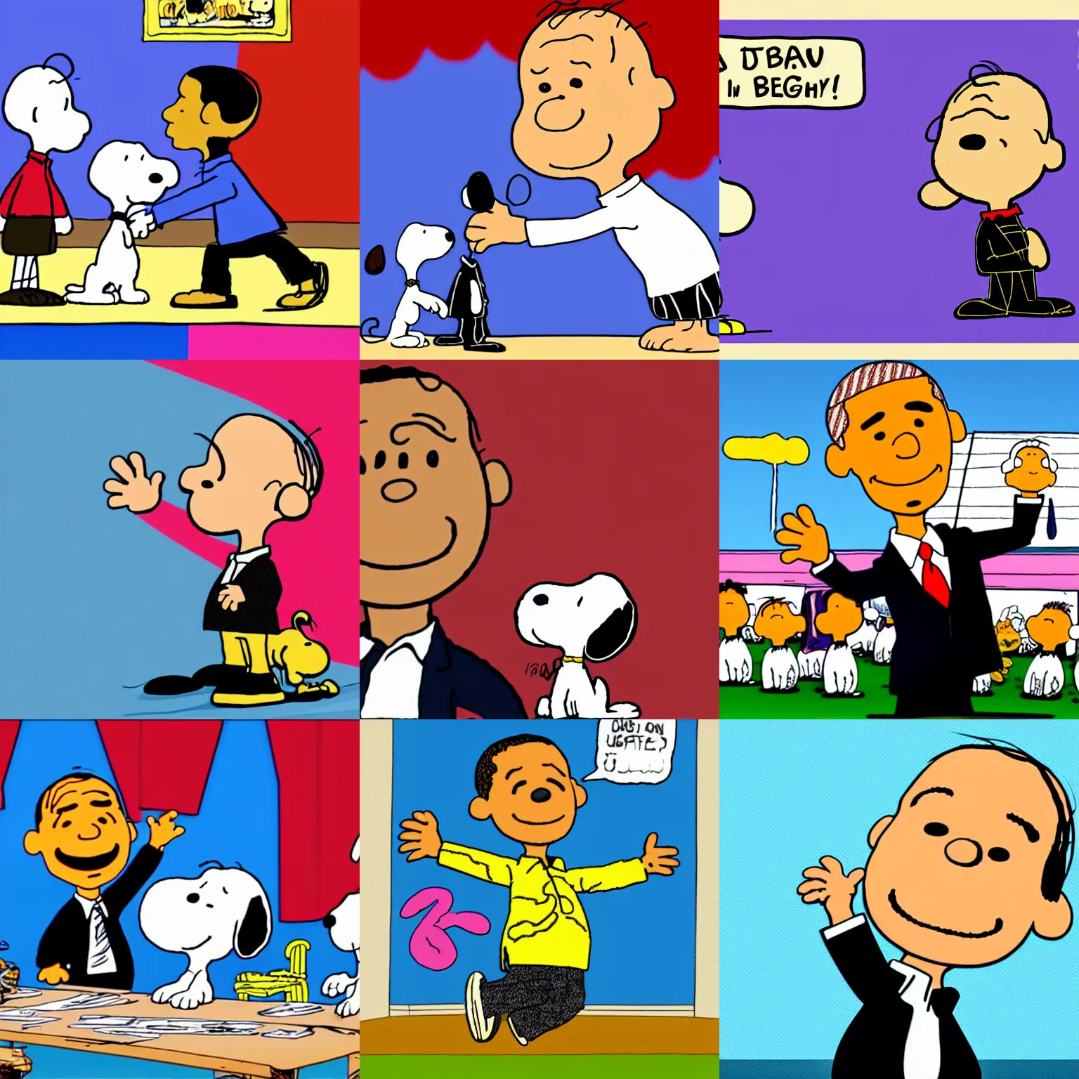 Prompt: obama in the style of the peanuts cartoon dancing with snoopy, 4 k resolution