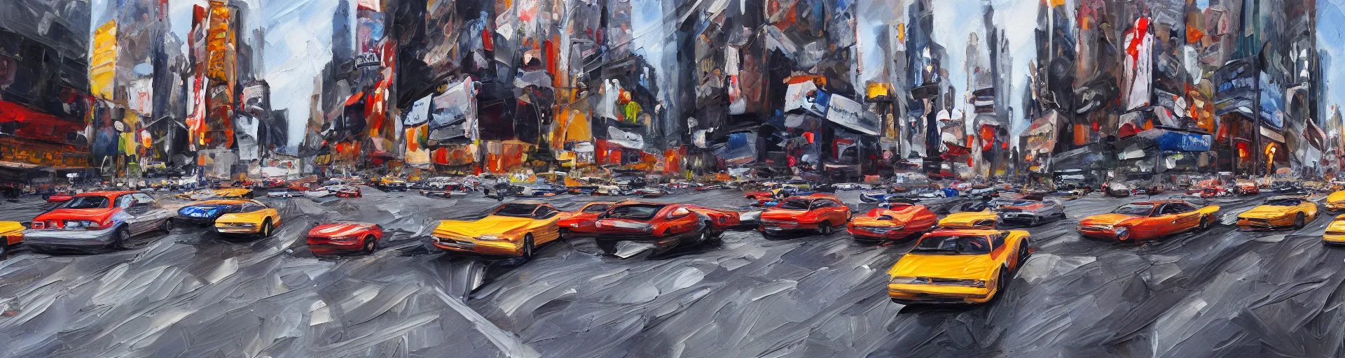 Prompt: a detailed oil painting of cars racing in new york city