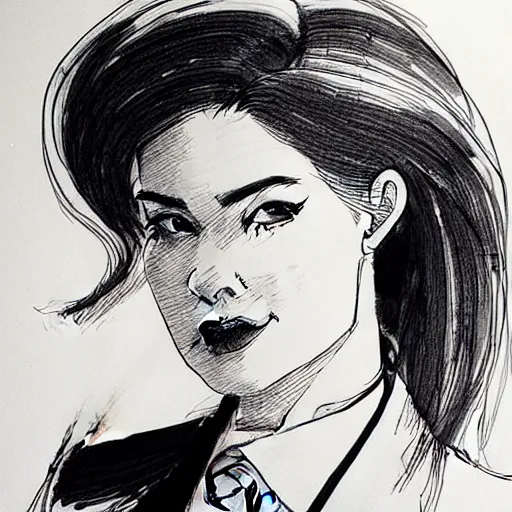 Prompt: ink drawing portrait of a woman in suit by kim jung gi