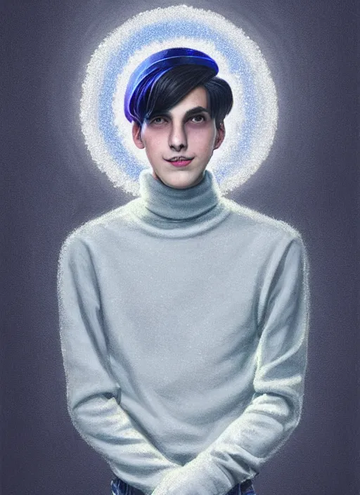 Image similar to portrait of teenage jughead jones wearing a light grey crown, crown, blue turtleneck, 1 9 5 0 s, closed eyes, photorealistic, black hair, glowing lighting, intricate, elegant, glowing lights, highly detailed, digital painting, artstation, concept art, smooth, sharp focus, illustration, art by wlop, mars ravelo and greg rutkowski