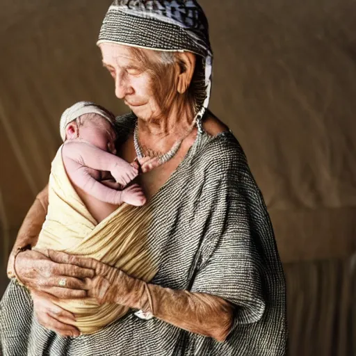 Image similar to dramatic film still of 80 year old sentimental Mediterranean skinned woman in ancient Canaanite clothing holding a newborn baby, crying, awe, love, ancient interior tent background, Biblical epic movie