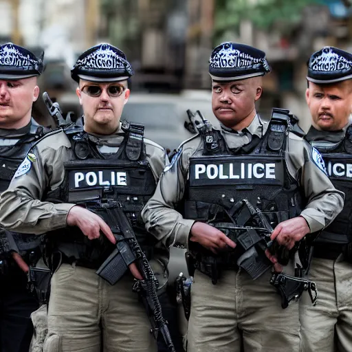 Prompt: Extremely intimidating police unit meant to invoke fear, military equipment, scary, full shot, Canon EOS