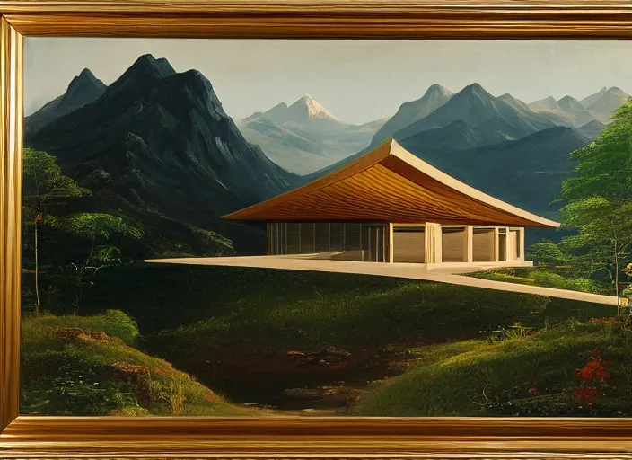 Image similar to painting of a tadao ando house in front of beautiful mountains by thomas cole