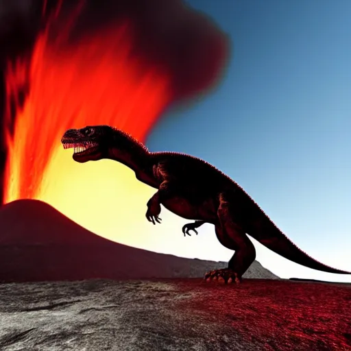 Image similar to Tyrannosaurus Rex jumping into volcano, lava erupting, fire, reddish sky, hyper realistic