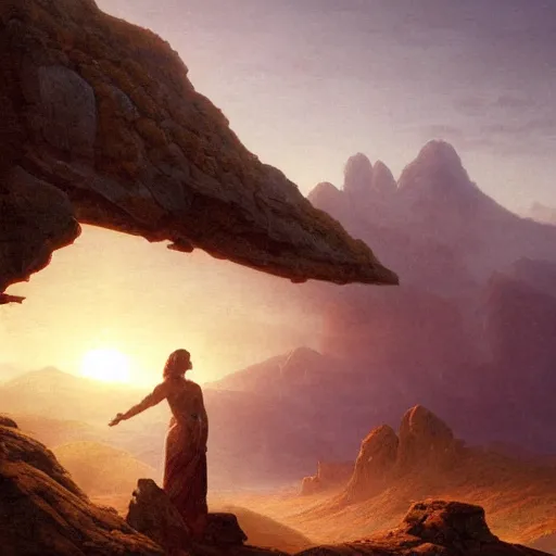 Image similar to an ultradetailed matte landscape painting of a large mountain made into a sculpture of a woman, sunrise on the horizon in the background, stone hand raised up, 8 k, art by greg rutkowski and albert bierstadt