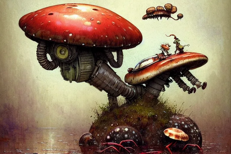 Image similar to adventurer ( ( ( ( ( 1 9 5 0 s retro future robot fat mouse amphibious vehical home. muted colors. swamp mushrooms ) ) ) ) ) by jean baptiste monge!!!!!!!!!!!!!!!!!!!!!!!!! chrome red