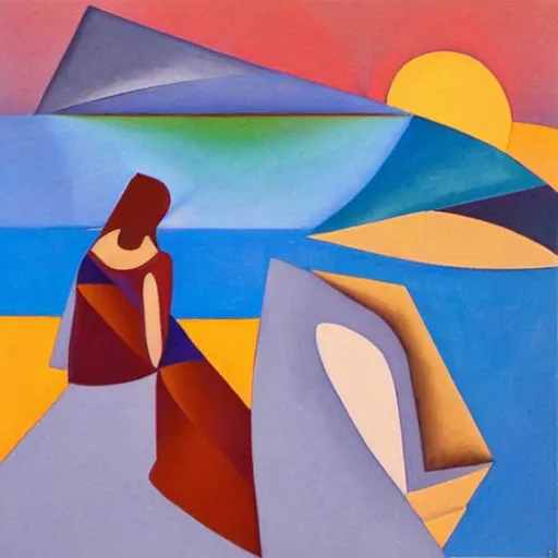 Image similar to women weaving the story of life on the rocks by the seashore, high quality art in the style of cubism and georgia o’keefe,