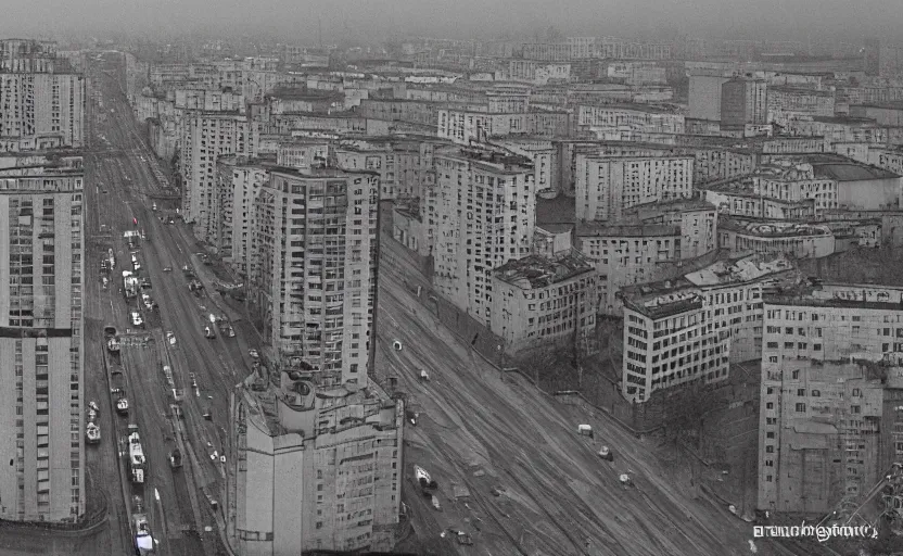 Image similar to high quality 2000s historic footage of soviet boulevard with stanilist style high rise and pedestrians, aerial photo drone, Cinestill 800t 18mm, heavy grainy picture, very detailed, high quality, 4k panoramic, billboards and streetlight at night, rain, mud, foggy