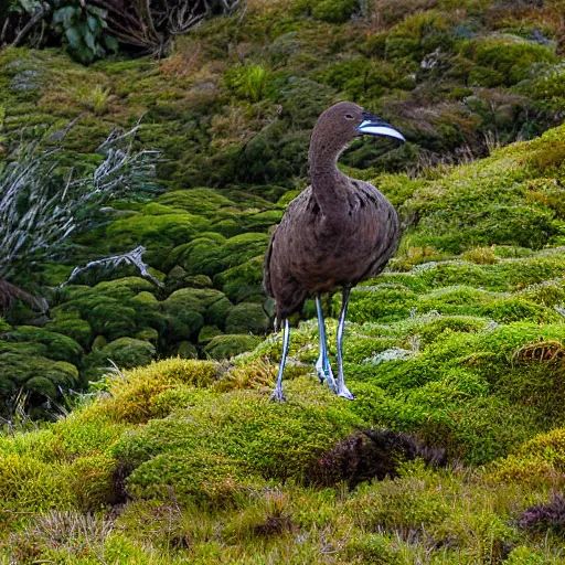 Prompt: A Moa drinking from a mountain tarn surrounded by alpine shrubs in the Tararua Forest Park, New Zealand. Stormy day