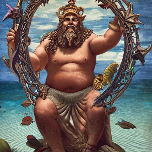 Image similar to The sculpture shows a mythological scene. A large, bearded man is shown seated on a throne, surrounded by sea creatures. He has a trident in one hand and a shield in the other. Behind him is a large fish, and in front of him are two smaller creatures. by Casey Weldon rich details, tumultuous