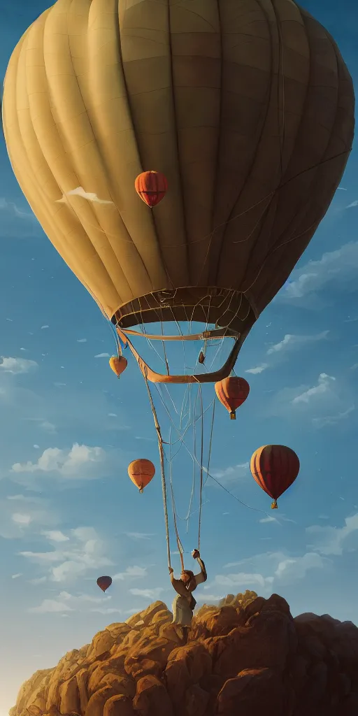 Image similar to symmetry!! surreal landscape of a dream, hot air balloon, very detailed, serene, peaceful, perfect lighting, perfect composition, digital art, illustration, artstation, artgerm, derek zabrocki, greg rutkowski, 4 k