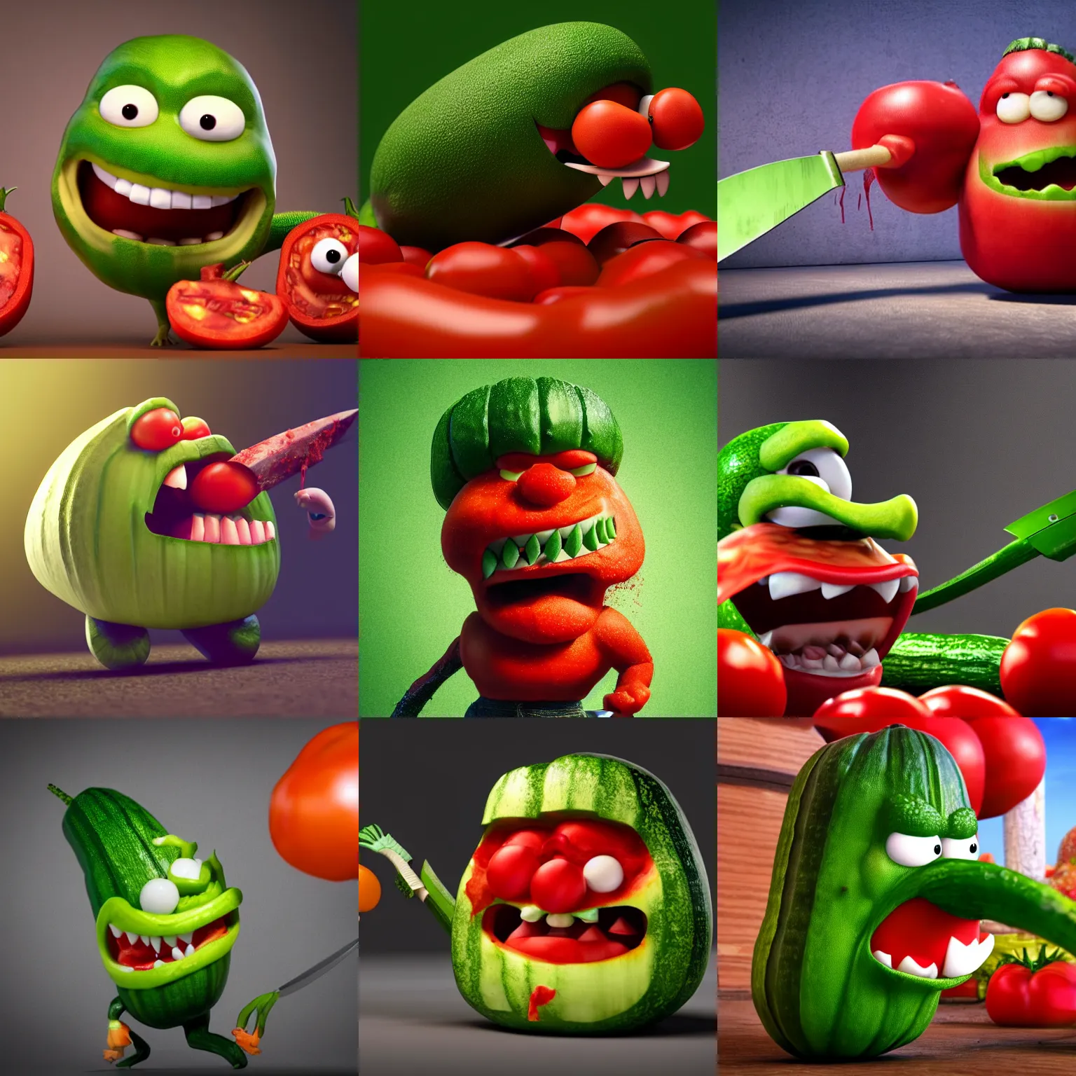 Prompt: detailed 3 d render of an angry zucchini character with a bloody knife in his hand, running angrily after a tomato figure scared to death, hyper realistic octane render, dramatic lighting, dark mood, nightmare, surrealism, pixar, disney, cartoon