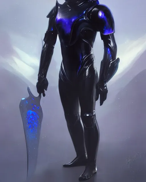 Prompt: character concept of iridescent sinewy smooth muscular male sleek glossy indigo black pearlescent scifi armor with smooth black flat featureless helmet, by greg rutkowski, mark brookes, jim burns, tom bagshaw, magali villeneuve, trending on artstation