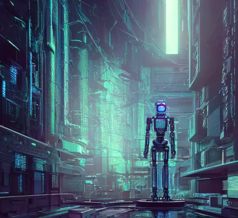 Image similar to hyperrealism stock photography of highly detailed stylish robot in cyberpunk sci - fi style by gragory crewdson and katsuhiro otomo, mike winkelmann with many details by josan gonzalez working at the highly detailed data center by mike winkelmann and laurie greasley hyperrealism photo on dsmc 3 system rendered in blender and octane render