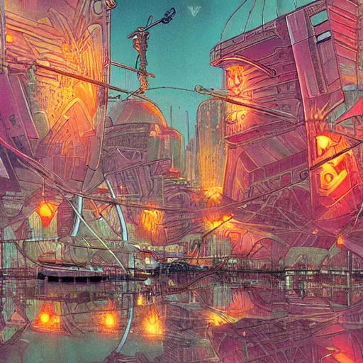 Image similar to airship cyberpunk surreal upside down city, neon lights, moebius, by jean giraud h 7 0 4