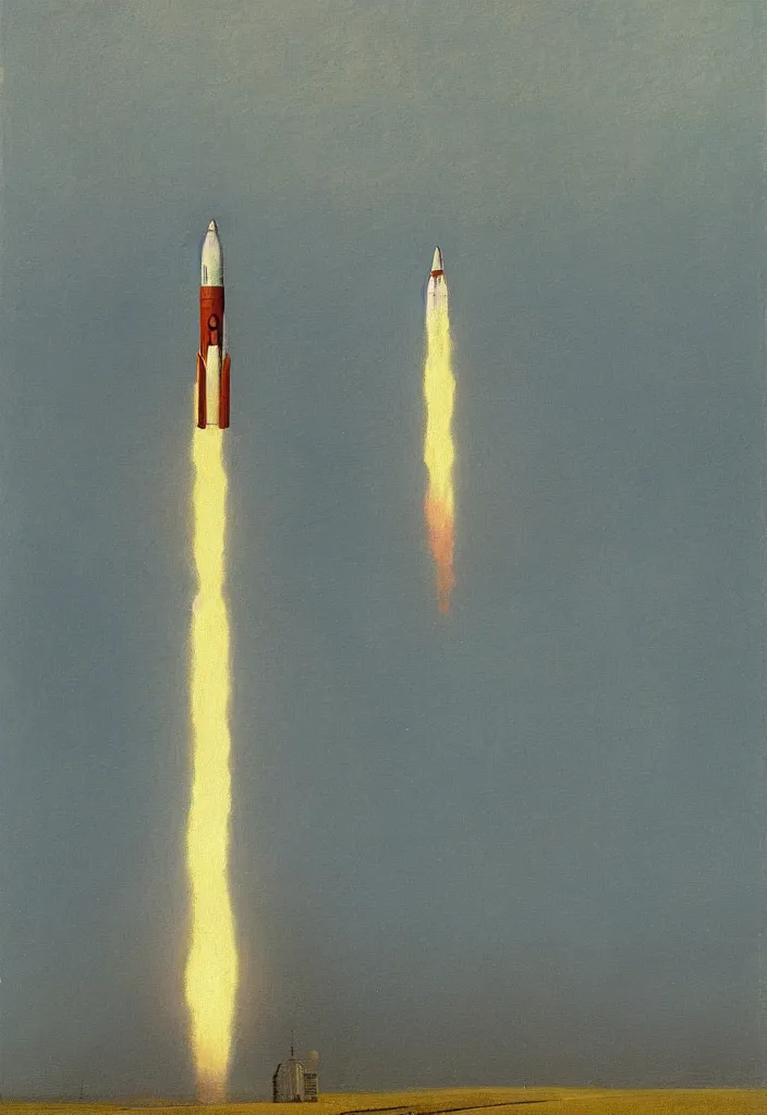 Image similar to a _ painting _ of _ a _ scifi _ rocket _ by _ peter _ ilsted