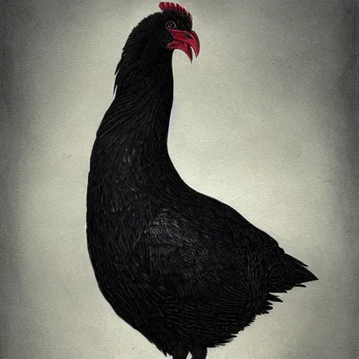 Image similar to a majestic chonky! black chicken with royal 'red!!! comb!!!', colored ultra-detailed pen and ink illustration, matte painting, modern concept art, impossible fine lines and details, divine background, by John Kenn Mortensen