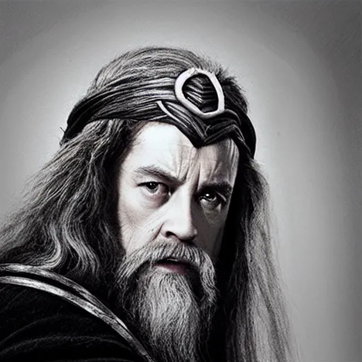 Image similar to a still from “ lord of the rings ” of a head and shoulders portrait of fei lung dressed like gandalf, photo by phil noto