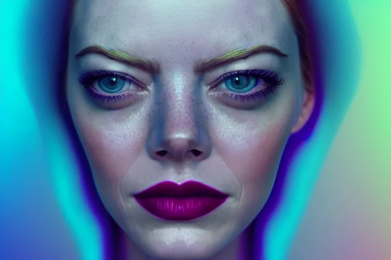 Image similar to surreal Portrait of Emma Stone in dmt chromatic surreal liquid enviroment , elegant, highly detailed, smooth, photoreal, sharp focus, illustration, beautiful, geometric, dmt trending on artstation, cinematic, artwork by WLOP