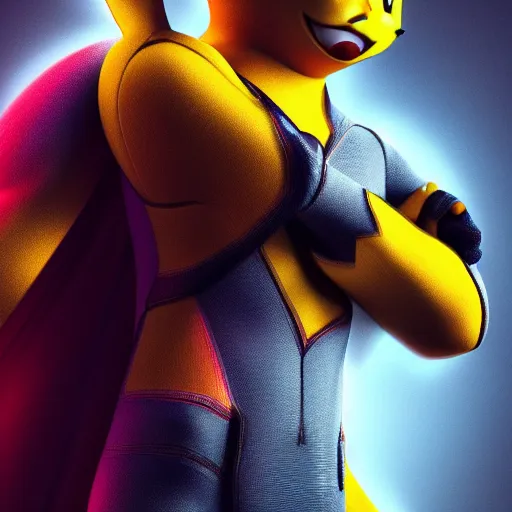 Prompt: a gorgeous Pikachu, superhero, hyperrealistic, trending artstation, octane render, 8k render, cinematic lightning