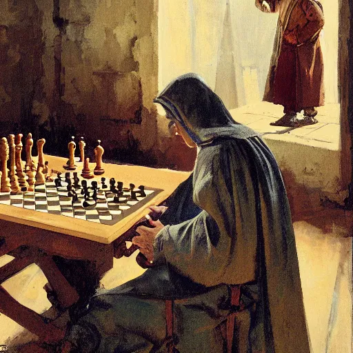 Prompt: portrait of man in medieval clothes playing chess, detailed by greg manchess, craig mullins, bernie fuchs, walter everett