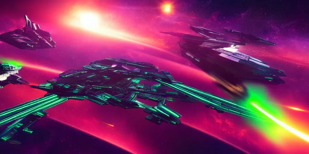 Prompt: synthwave spaceship battle in space, firing green lasers and destroying another ship, science fiction digital art, award winning, trending on artstation, digital art. highly detailed 8 k. intricate. lifelike.