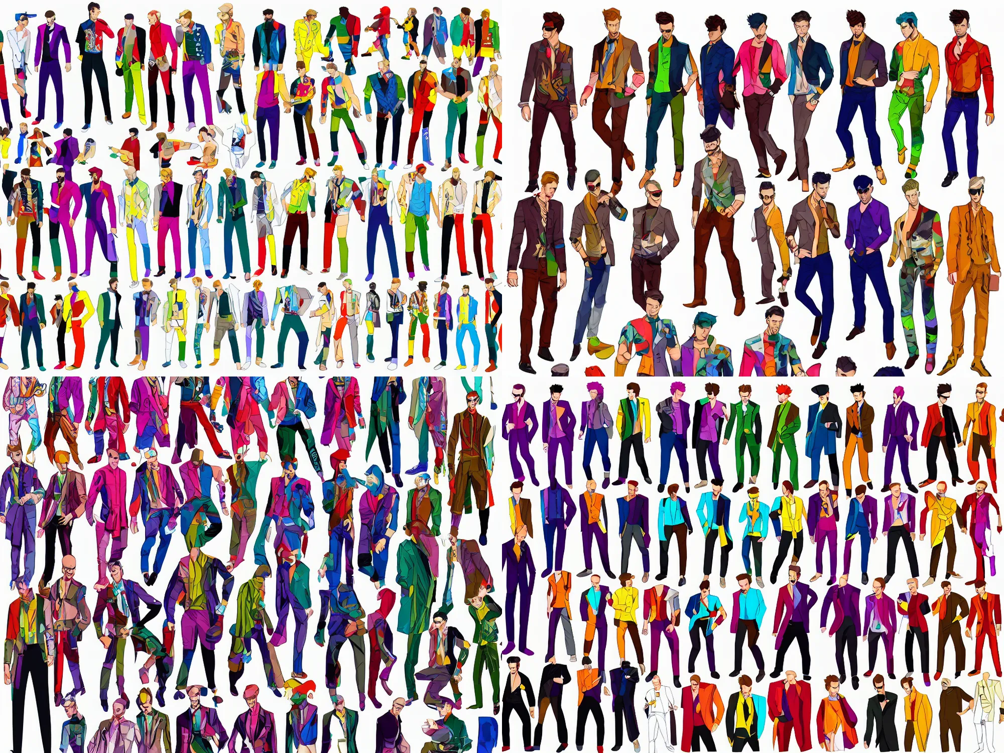 Prompt: colourful male fashion character reference sheet in high quality, full body, vibrant colours, assasin