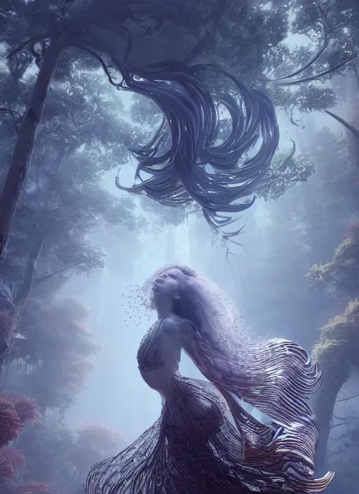 Image similar to beauteous sumptuous biomechanical incredible hair, crystalline masterpiece incrustations, hyperdetailed face, elegant pose, movie still, intricate, octane render, cinematic technology forest lighting, fractaltrees, cgsociety, unreal engine, crepuscular rays, god rays