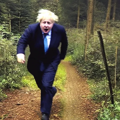 Prompt: drunk boris johnson chasing you in a forest, trailcam footage, horror shot, creepy