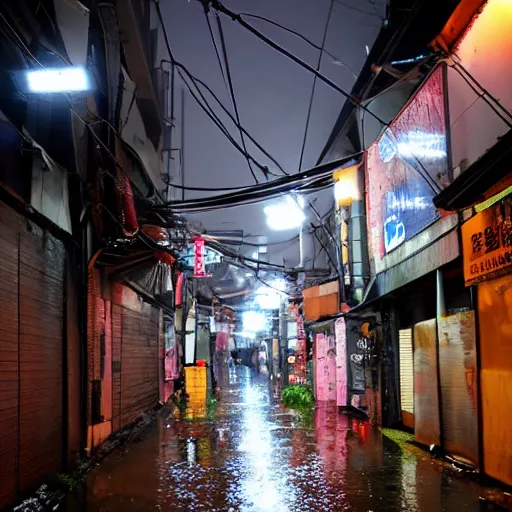 Image similar to rain - soaked alley with messy overhead cables in yongsan district, seoul, south korea.