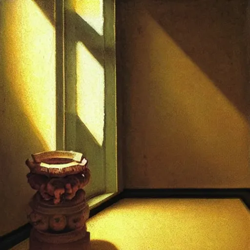 Prompt: still life painting of a room with a balcony. in the center lays an ancient holy artifact, shaped like torus ring, chromed and ornate with gentle iridescent shine from within. the ring lays on top of a pedestal. perspective from the side. realistic light and shadows. moody fantasy art, still life renaissance pastel painting. in the style of vermeer