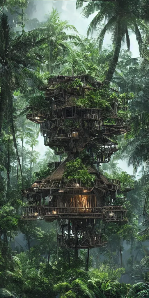 Image similar to ultra realistic and intricate detailed giant tropical tech treehouse on the middle of the tropical paradise, night, high technology, innovation, Dark evil style, artstation, unreal render, depth of field, ambient lighting, award winning, stunning