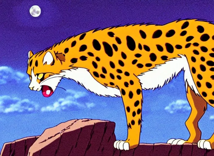 Image similar to a still from a studio ghibli movie of a cartoon cheetah from princess mononoke ( 1 9 9 7 ), in front of a pale full moon, full body, wide shot, very dull muted colors, studio ghibli, highly detailed, deviantart, art by artgem