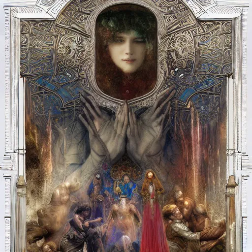 Image similar to disasterpiece truth disciples holy estrangement, by Edgar Maxence and Ross Tran and Michael Whelan and Da Vinci and J.M.W Turner, metal watercolor intricate line drawings, sacred chords, 4k resolution