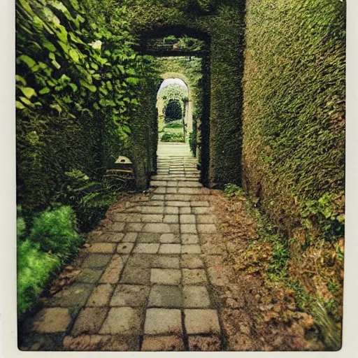 Image similar to courtyard walkway in an overgrown castle, surreal, polaroid,