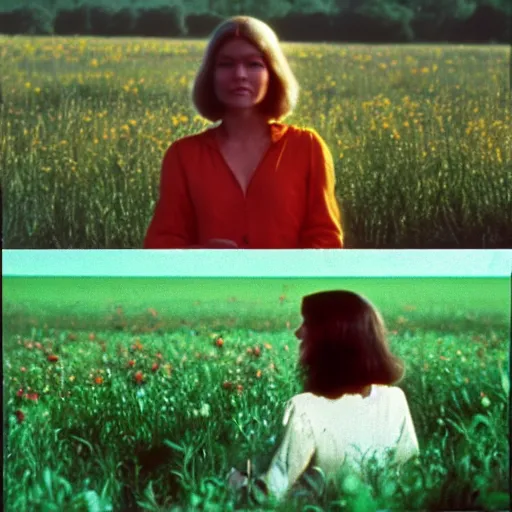 Image similar to a 1 9 7 7 beautiful woman and a 3 d rendering of a smiley apple in a meadow, color film still 1 9 7 7, tarkovsky