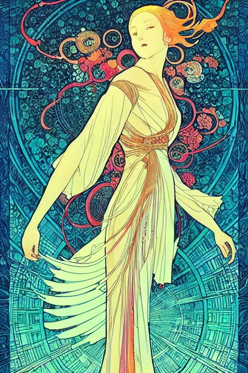 Image similar to phoenix, victo ngai style, alfons mucha ， from china, style of studio ghibli, chinese style