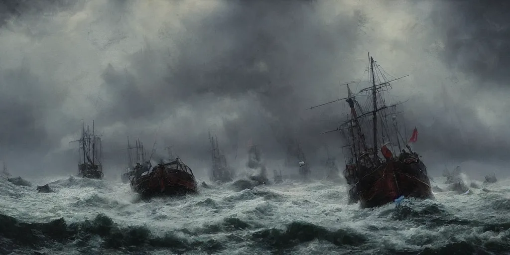 Image similar to Hyper realistic oil painting of a medieval fleet being sunk, stormy weather, dark clouds, fog, moody cinematic lighting, atmospheric, dark, by Greg Rutkowski, trending on artstation