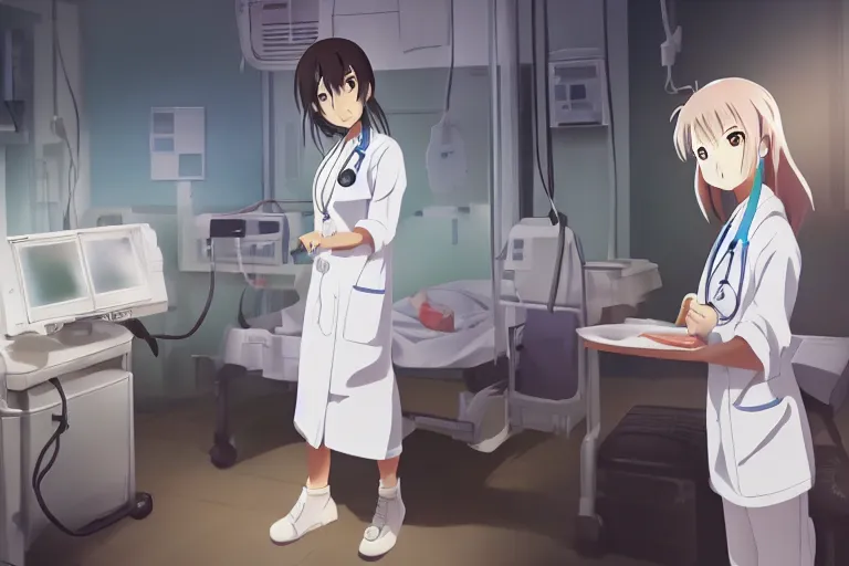 Image similar to a cute young female doctor wearing white coat are doing an operation in a hospital, slice of life anime, cinematic, lighting, 8kHDR, anime scenery by Makoto shinkai