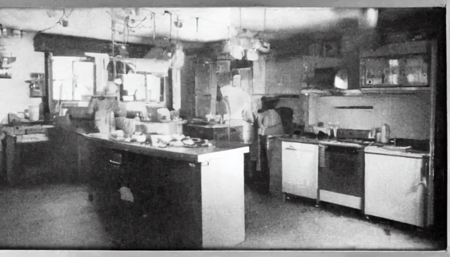 Image similar to a ai in a stalinist style kitchen, by mini dv camera, very very low quality, heavy grain, very blurry, accidental flash, webcam footage, found footage, security cam, caught on trail cam