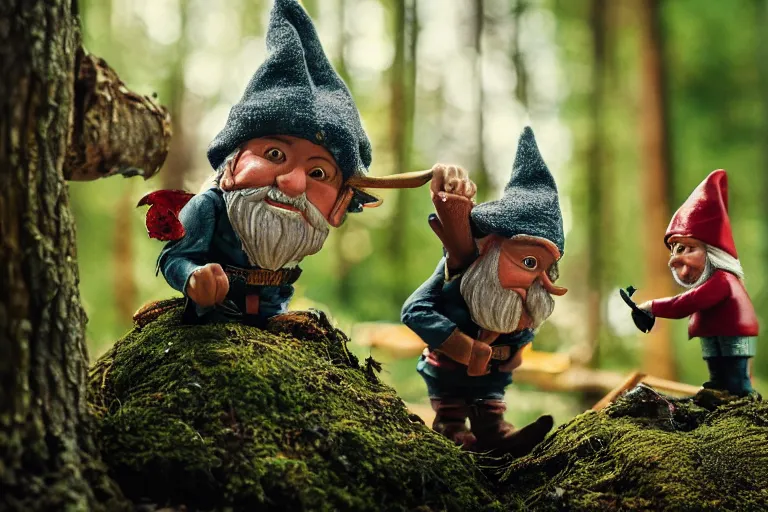 Image similar to movie scene portrait closeup, real life team of tiny gnome people building a tiny house in the forest natural lighting by emmanuel lubezki