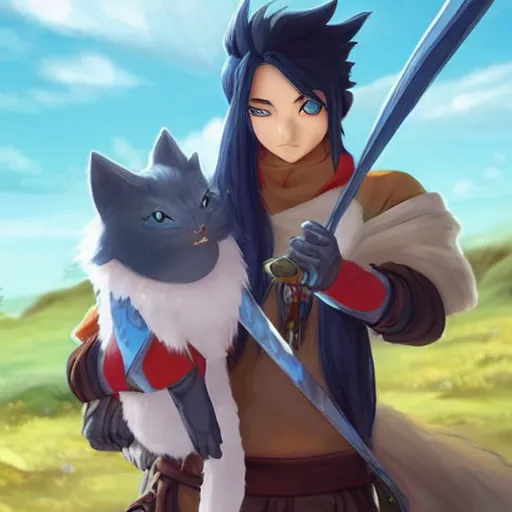 Image similar to yasuo holds yuumi by her scruff, league of legends, detailed