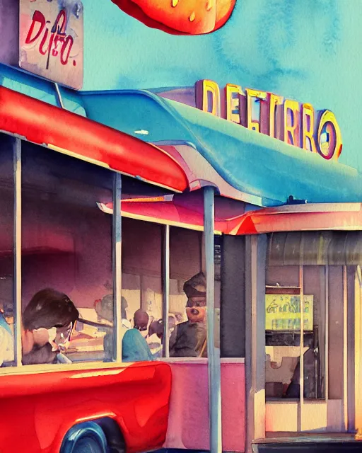 Prompt: closeup watercolor profile portrait of a 1 9 5 0 s diner, hyper realistic, artstation, illustration, digital paint, matte paint, vivid colors, bright, cheerful, detailed and intricate environment