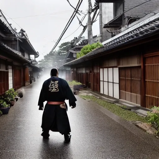 Image similar to keanue reeves wearing samurai armor walks in a street in a japanese village from 19th century in a star wars style, a x-wing is flying in the sky, rainy day, highly detailed, very highly detailed, 4k, photorealistic