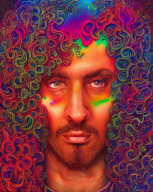 Prompt: A curly-haired persian guy ,An extremely psychedelic experience, colorful, surreal, dramatic lighting, cosmonaut, LSD, face, detailed, intricate, elegant, highly detailed, digital painting, artstation, concept art, smooth, sharp focus, hyper detailed, rich deep colors, Masterpiece, Beksinski painting, Created by Sam Spratt, Sam Mumford, Artem Demura and Alphonse Mucha