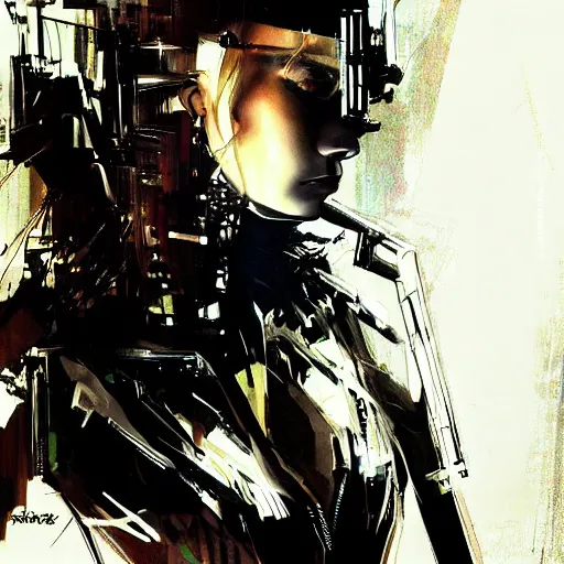 Image similar to a striking hyper real illustration of Elle Fanning with cybernetics by Yoji Shinkawa